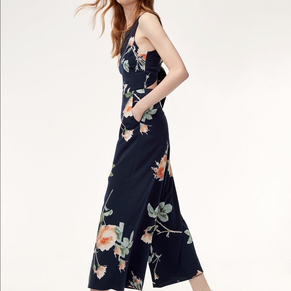 Aritzia Wilfred navy blue open back floral romper